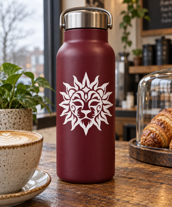 Lion sunburst face vinyl decal on maroon bottle, white outlined sun-mask design