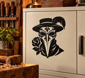 Plague doctor mask vinyl decal with black hat and rose, applied on cabinet door