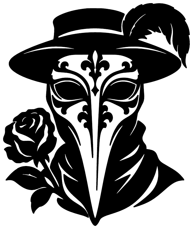 Plague doctor mask vinyl decal in black with wide hat, feathered beak, and rose