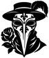 Plague doctor mask vinyl decal in black with wide hat, feathered beak, and rose