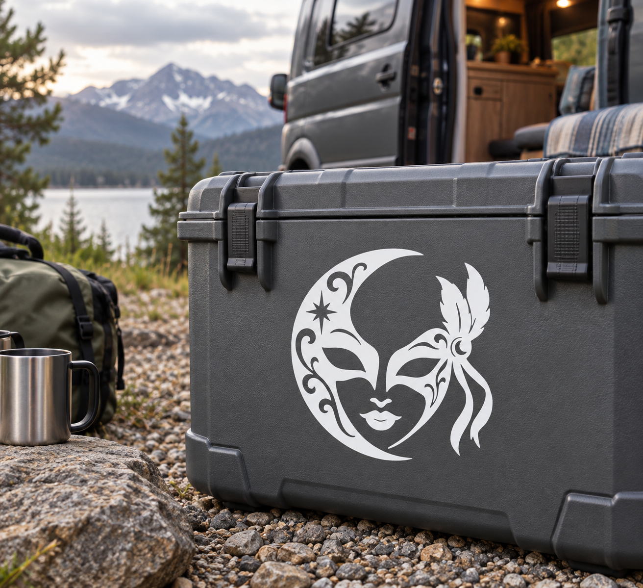 Crescent half-mask vinyl decal, white face design on a dark gray case