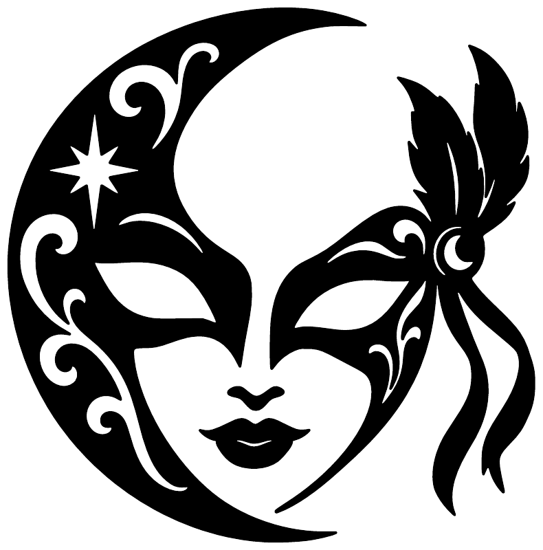 Crescent half-mask vinyl decal with black background and white mask illustration