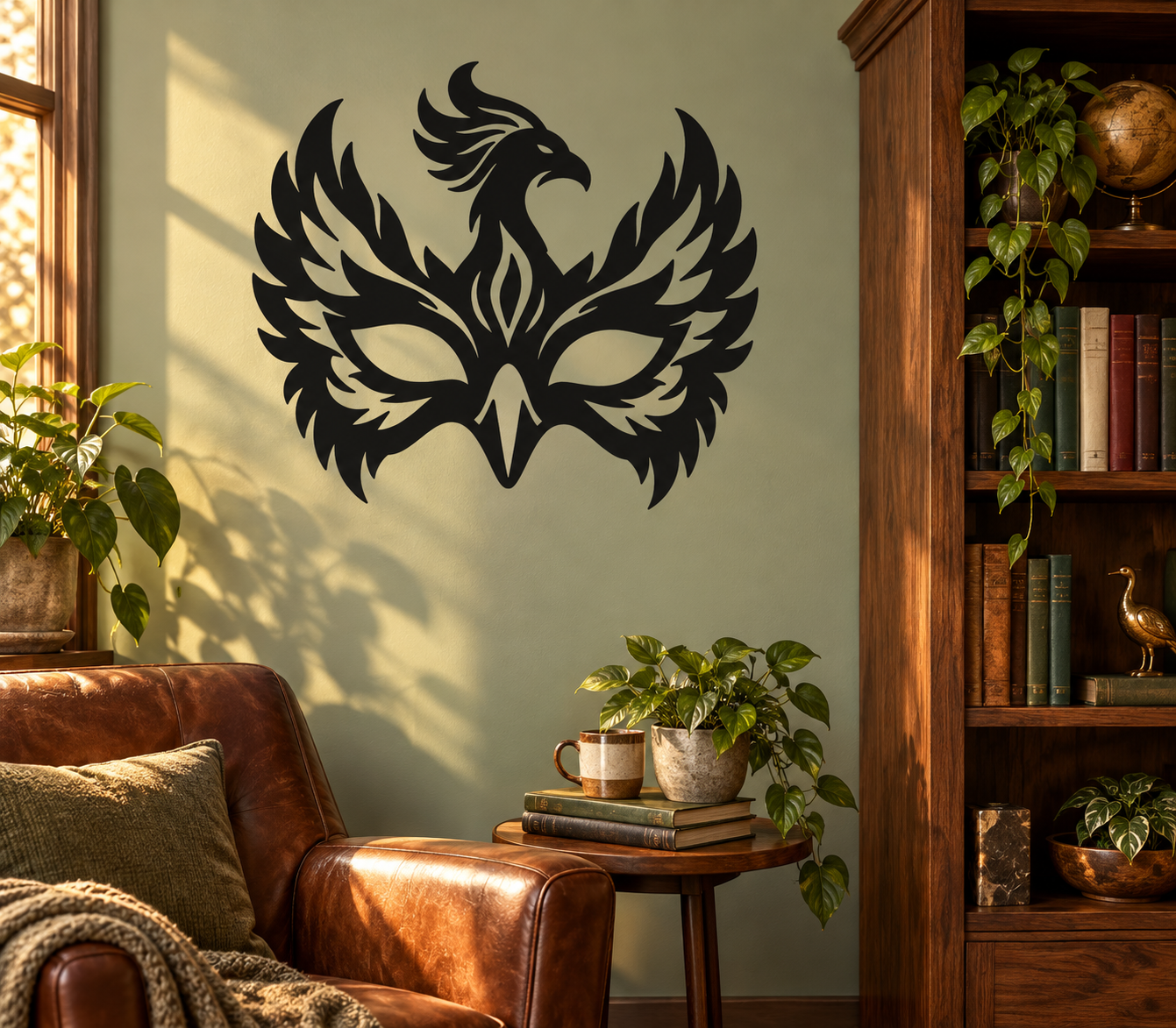 Phoenix feather mask vinyl decal, bold black phoenix wing and beak graphic