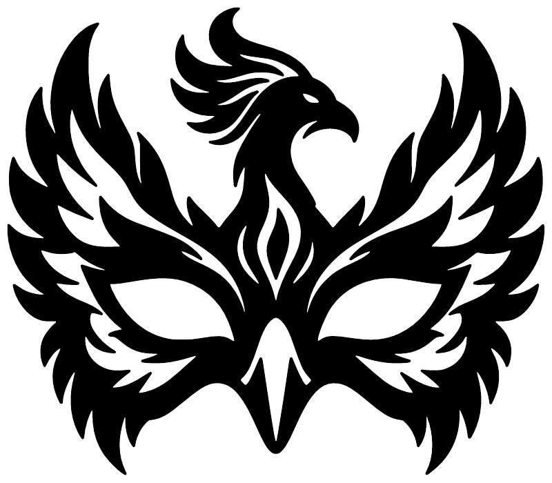 Phoenix feather mask vinyl decal, close-up of black phoenix face with outstretched wings