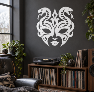 White serpent-eye mask vinyl decal with ornate tribal face design
