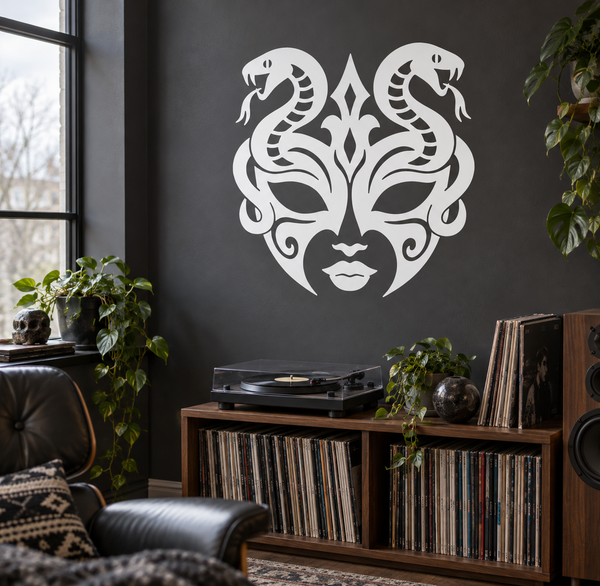 White serpent-eye mask vinyl decal with ornate tribal face design