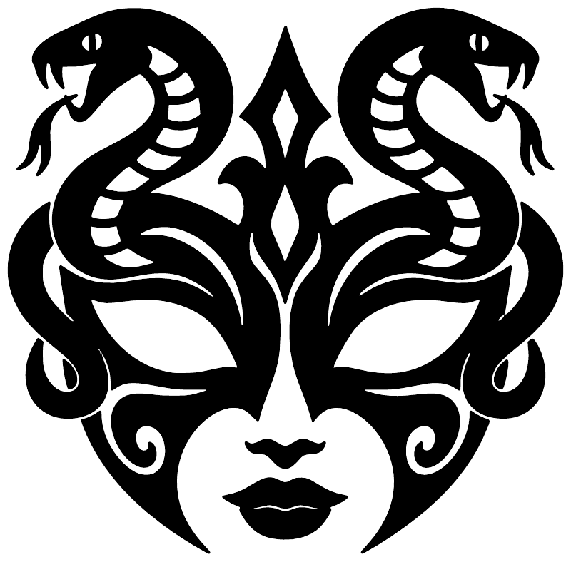 Black-and-white serpent-eye mask vinyl decal, centered tribal face graphic