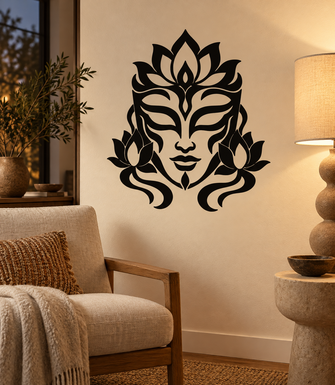 Black lotus spirit face mask vinyl decal with flame and floral details