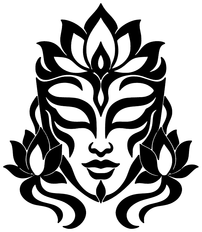 Close-up black lotus spirit face mask vinyl decal, flame-topped head and leaves