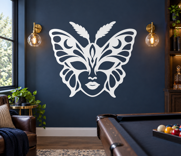 Butterfly mask vinyl decal with white winged face design