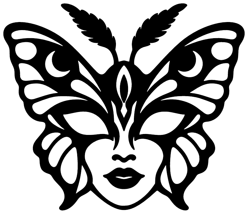 Butterfly mask vinyl decal, black winged face with white accents