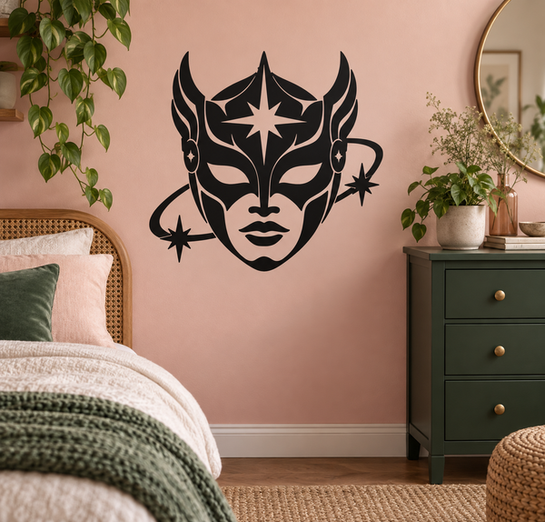 Black star hero face mask vinyl decal on wall, glossy vinyl sticker with sharp lines