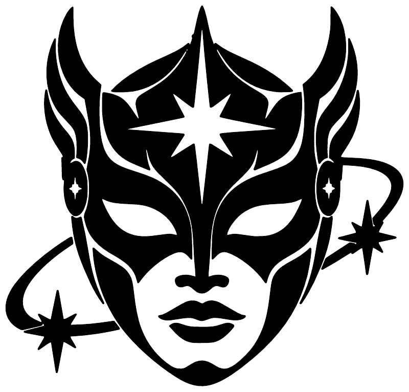 Black star hero mask face vinyl decal, close-up with flared horns and star accents