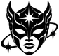Black star hero mask face vinyl decal, close-up with flared horns and star accents