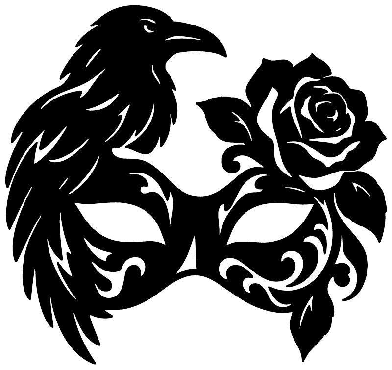 Black raven half-mask vinyl decal with rose and floral scrolls