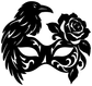 Black raven half-mask vinyl decal with rose and floral scrolls