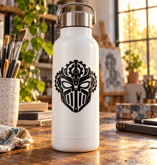 Vinyl mask decal with black gear-crowned face emblem on white bottle