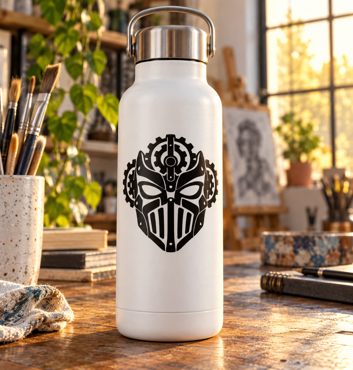 Vinyl mask decal with black gear-crowned face emblem on white bottle