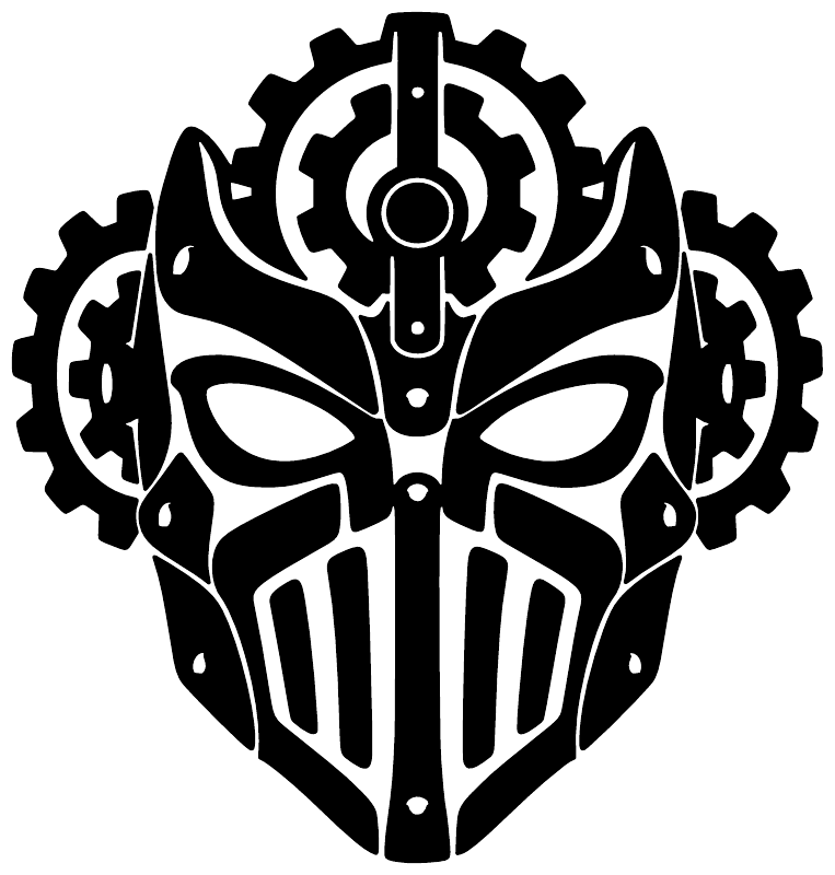 Vinyl mask decal featuring black armored face with gear eyes and central emblem