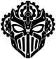 Vinyl mask decal featuring black armored face with gear eyes and central emblem