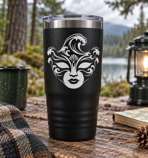 Black tumbler with centered sea-wave mask vinyl decal in white and black.
