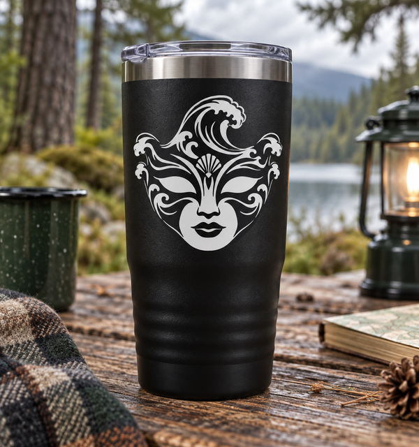 Black tumbler with centered sea-wave mask vinyl decal in white and black.