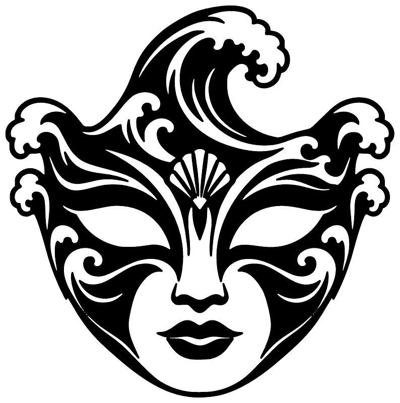 Sea-wave mask vinyl decal, white stylized face with black curls and wave lines.