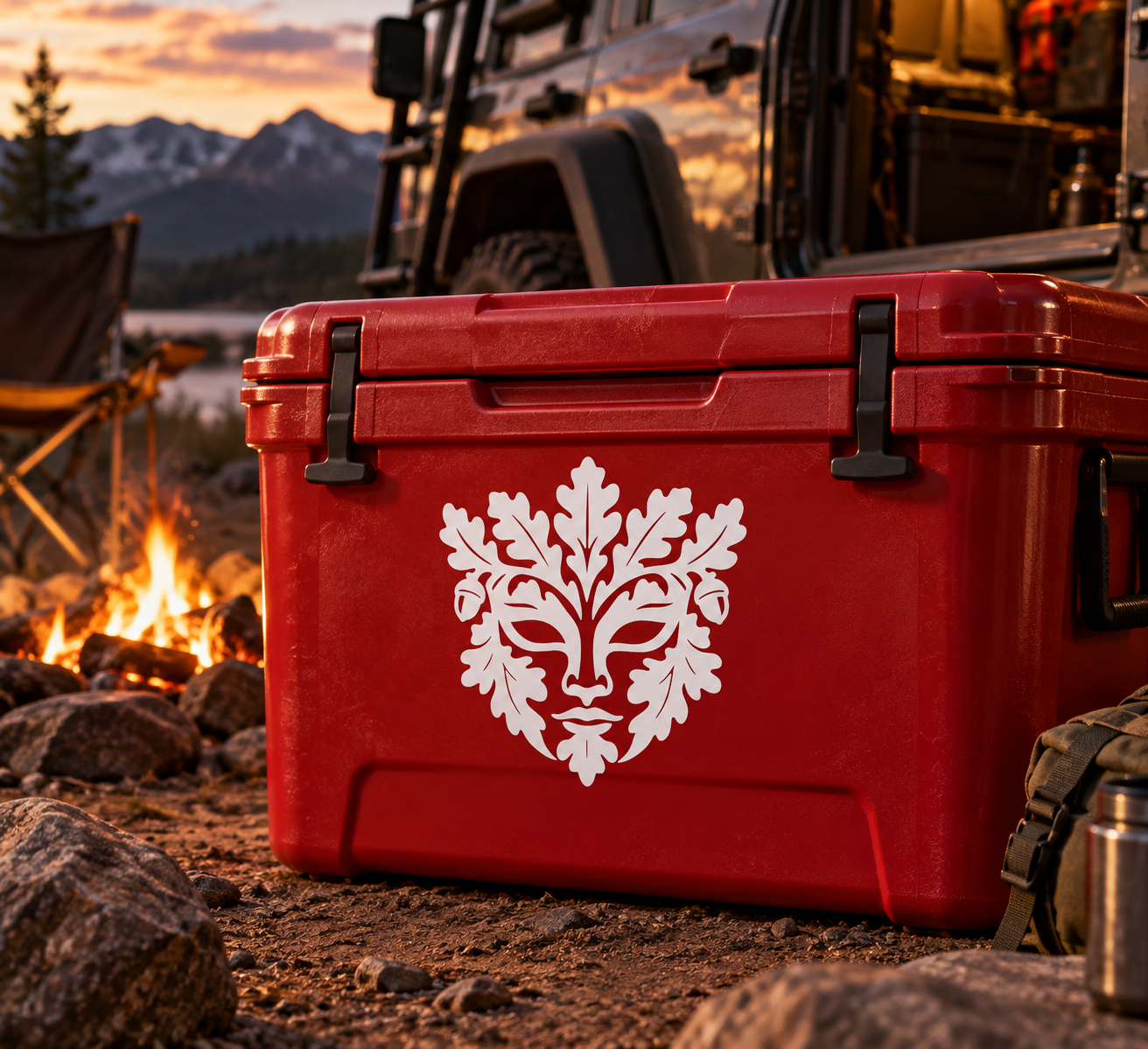 Red cooler with centered white oak crown mask vinyl decal