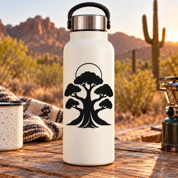 White water bottle with black tree silhouette vinyl decal in a round border