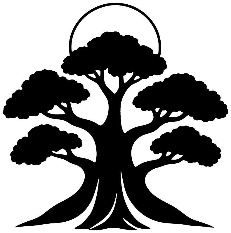 Black tree silhouette vinyl decal with circular outline and wide root base