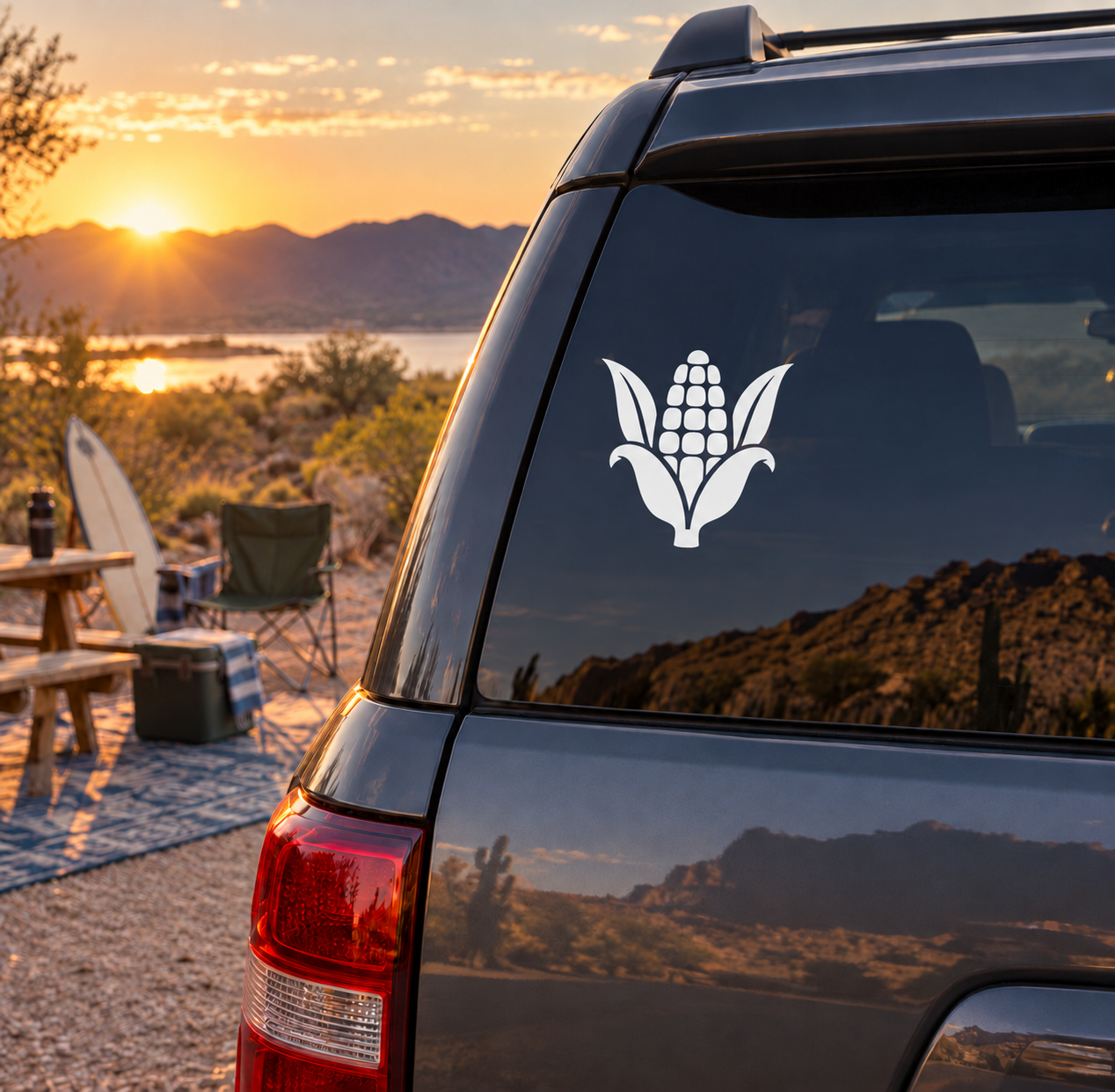 Corn crest vinyl decal: white maize cob with leaves on dark car window