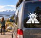 White pyramid temple icon vinyl decal with sun rays, centered on car window.
