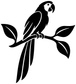 Parrot branch vinyl decal, black bird perched on leafy branch.