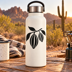 Cacao pod vinyl decal with bold black fruit and leaves on a white bottle
