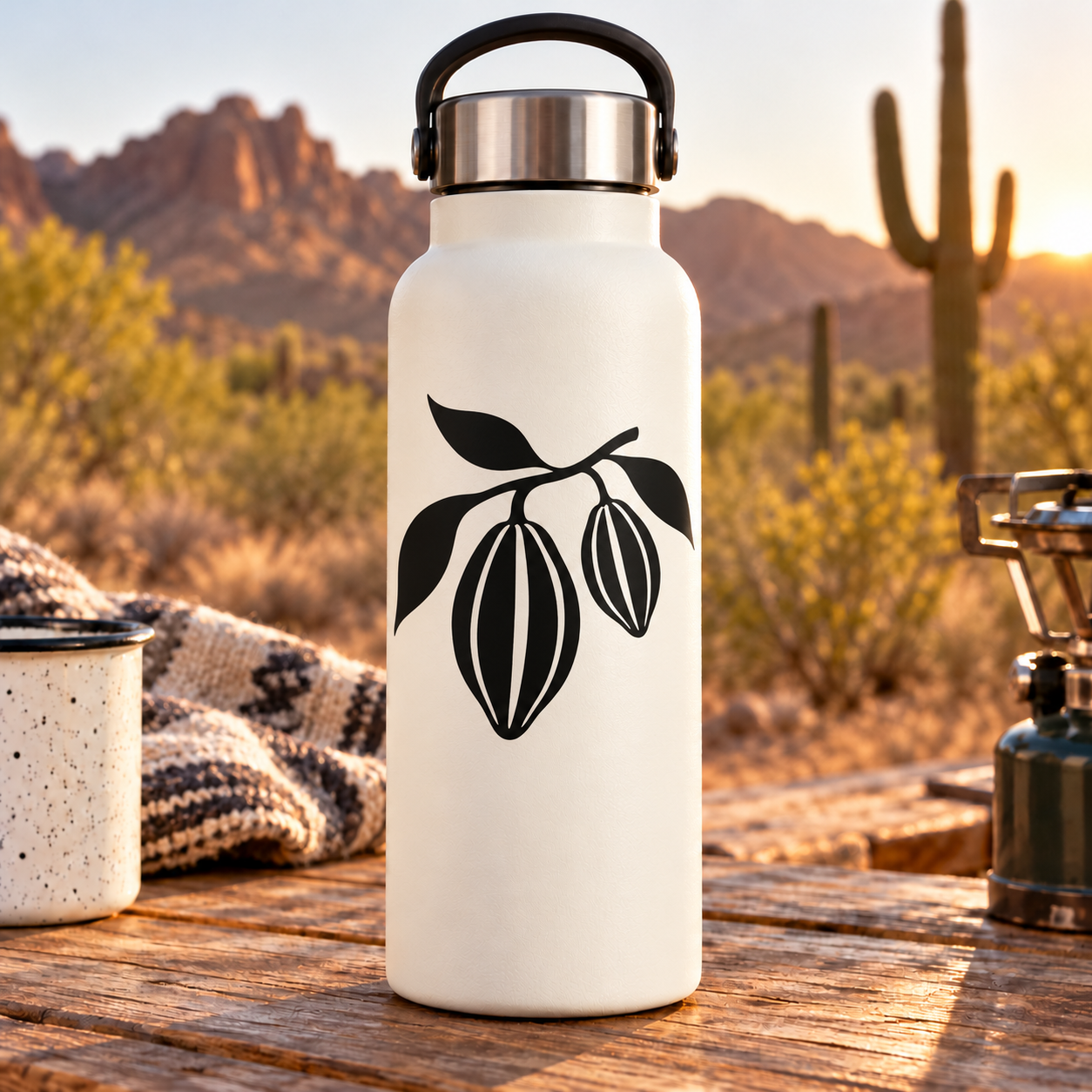 Cacao pod vinyl decal with bold black fruit and leaves on a white bottle
