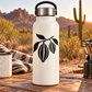 Cacao pod vinyl decal with bold black fruit and leaves on a white bottle
