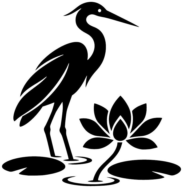 Water lily heron vinyl decal, black heron standing beside lotus flower illustration