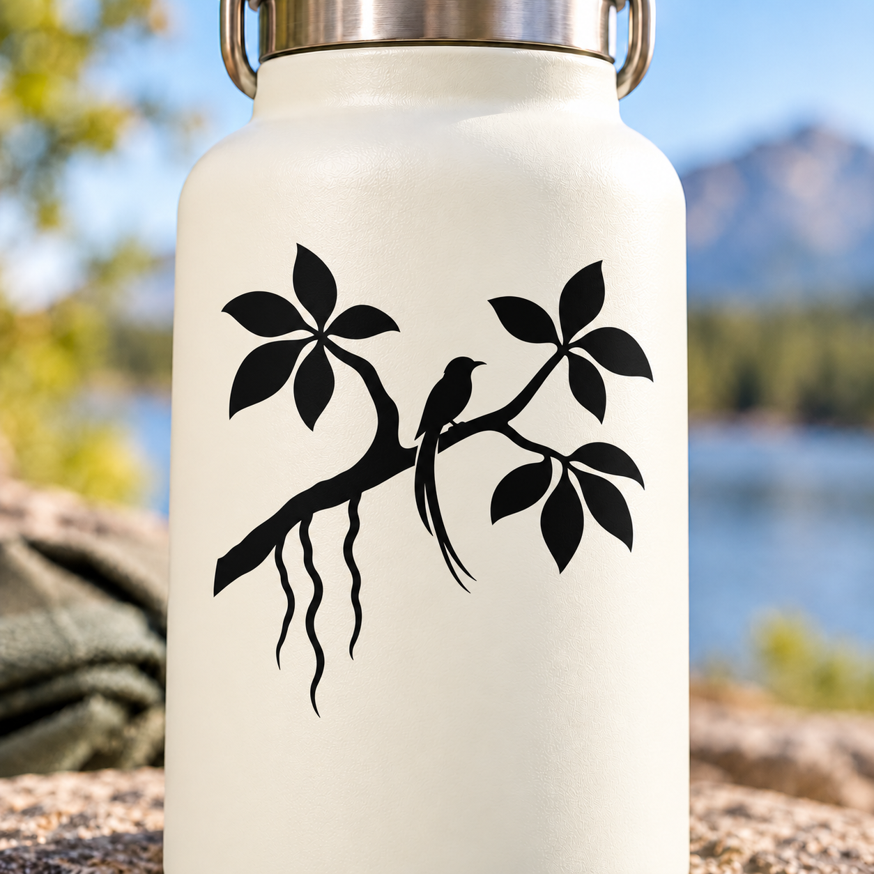 Black bird and floral vine vinyl decal on light bottle surface