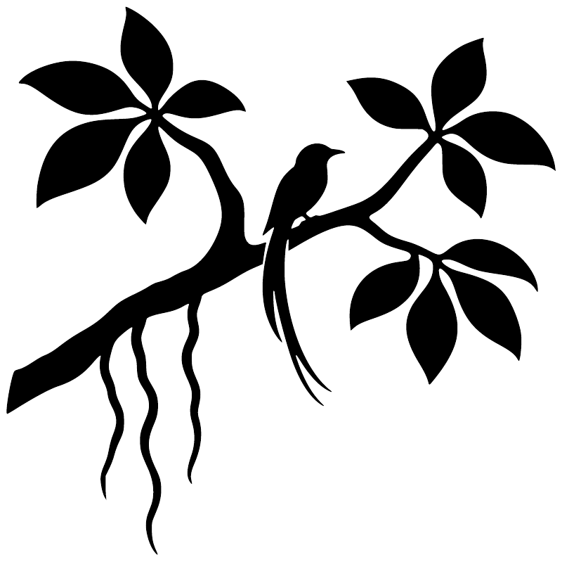 Black bird perched on floral vine vinyl decal with leaf flower silhouettes