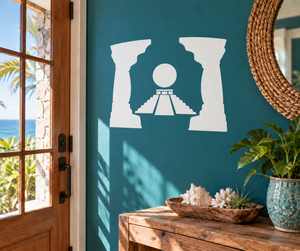 White temple passage vinyl decal with two pillars and tripod center circle