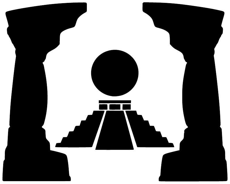 Black temple passage vinyl decal design with two pillars, central circle, tripod base
