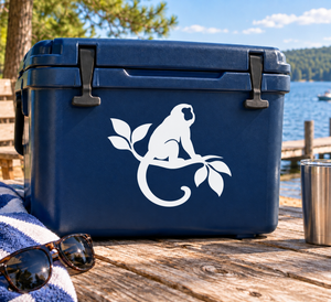 White Howler monkey crescent vinyl decal with leaves on blue cooler