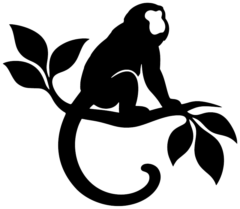 Black Howler monkey crescent vinyl decal with leaf branches, standalone