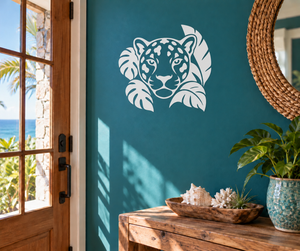 Jaguar face vinyl decal with leaf frame, light gray