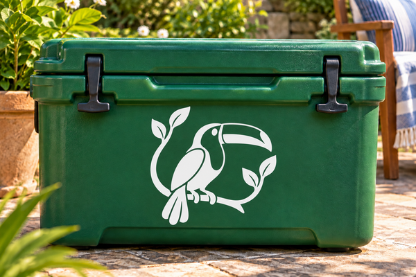 Toucan and foliage vinyl decal, white toucan with leaves on green suitcase