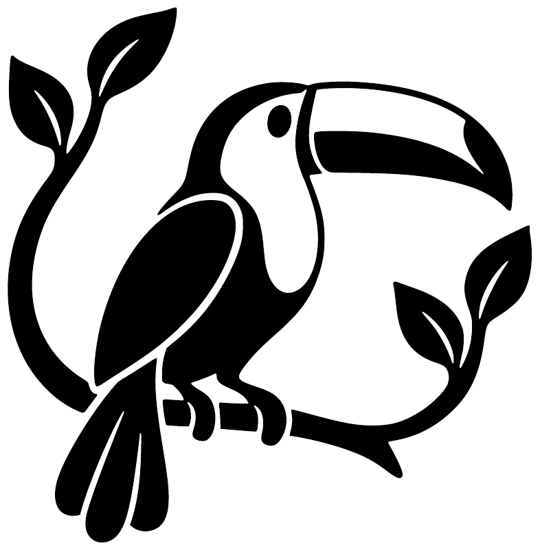 Black toucan and leaf vinyl decal with curved beak, isolated design on white