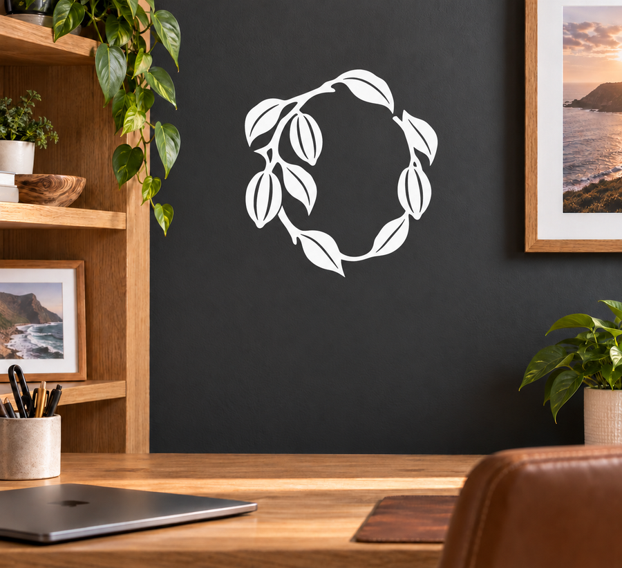 Cacao branch wreath vinyl decal with circular cacao pod leaf design