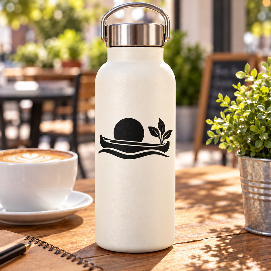 Black river canoe vinyl decal with horizon sun and leaf accents on white bottle