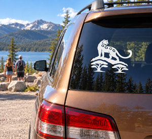 Jaguar vinyl decal of white jaguar guardian on dark car window