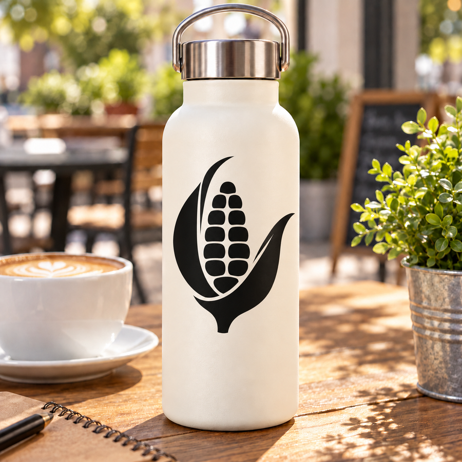 Vinyl decal: black leaf spiral emblem on off-white bottle